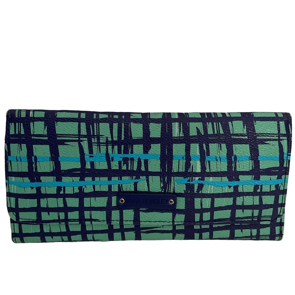 Vera Bradley trifold wallet in the navy & teal art plaid pattern;clean interior.